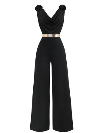 Black 1930s Sequined Belt Deep V-Neck Jumpsuit