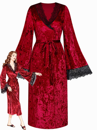 1930s Velvet Lace Long Sleeve Patchwork Pajama Robe