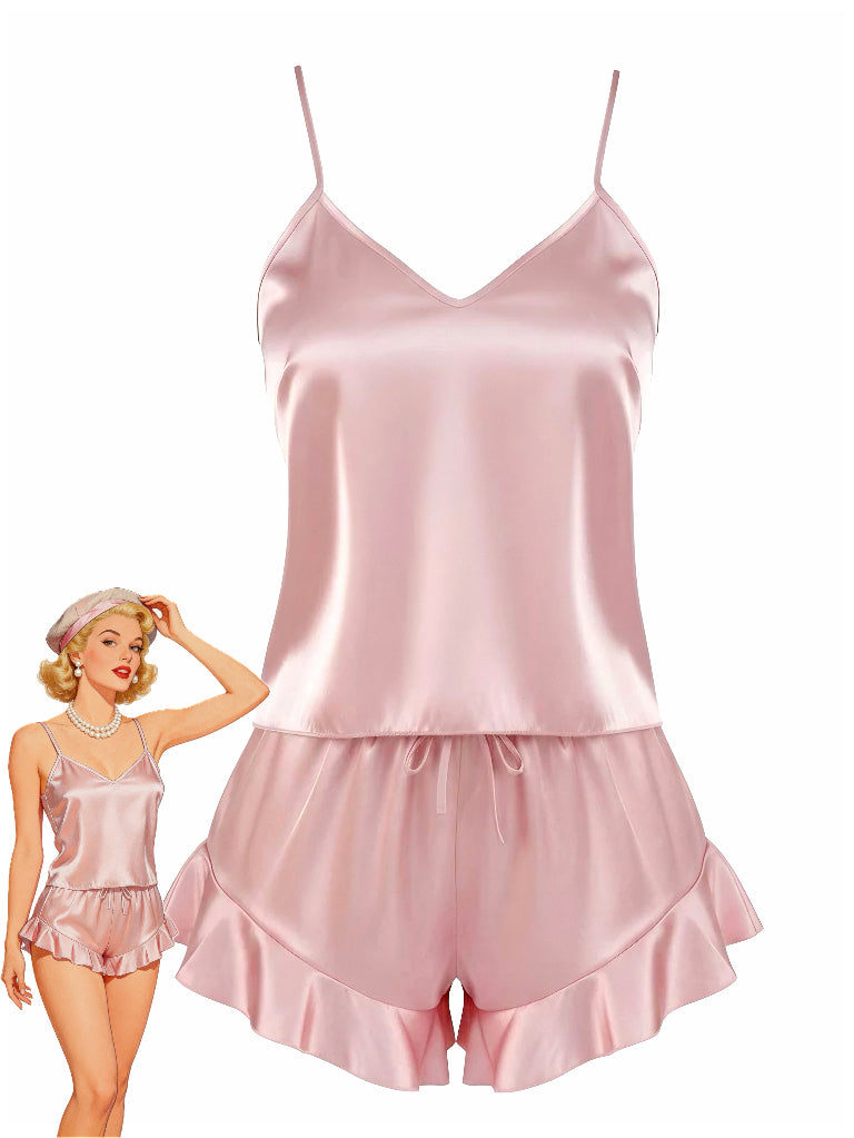 Pink 1960s Slip Ruffle Satin Pajama Set