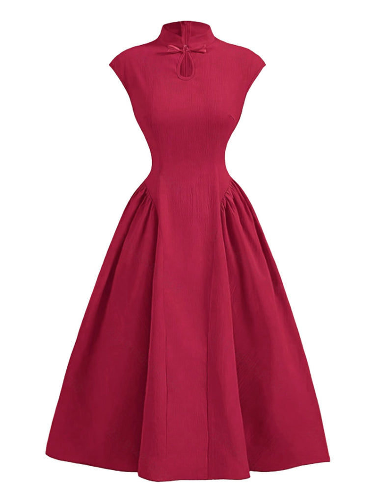 Red 1950s Cap Sleeve Stand Collar A-line Dress