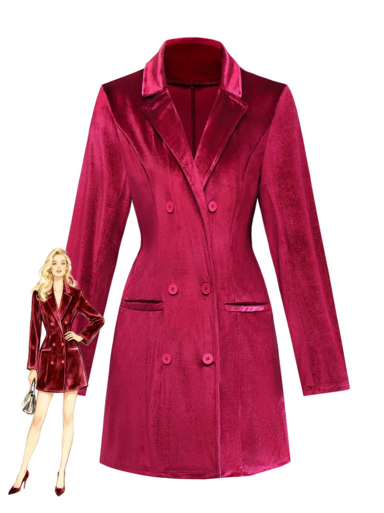 1960s Solid Velvet Long Sleeve Blazer Dress