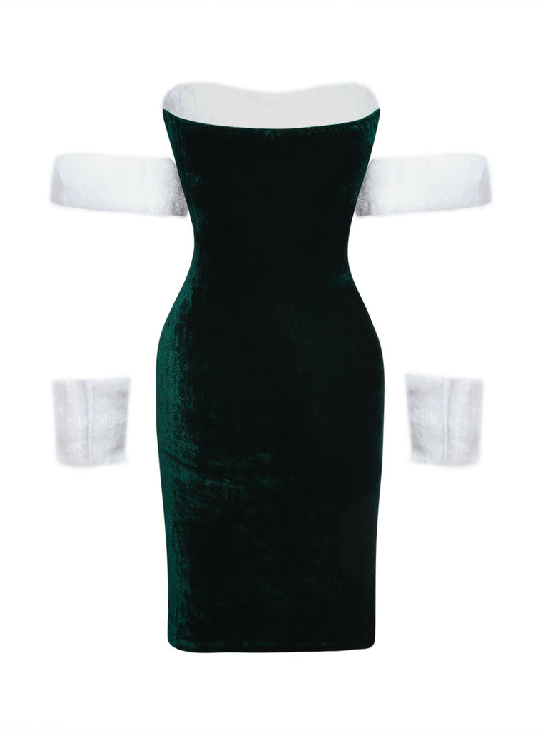 1960s Strapless Velvet Christmas Fur Trim Bow Dress Set