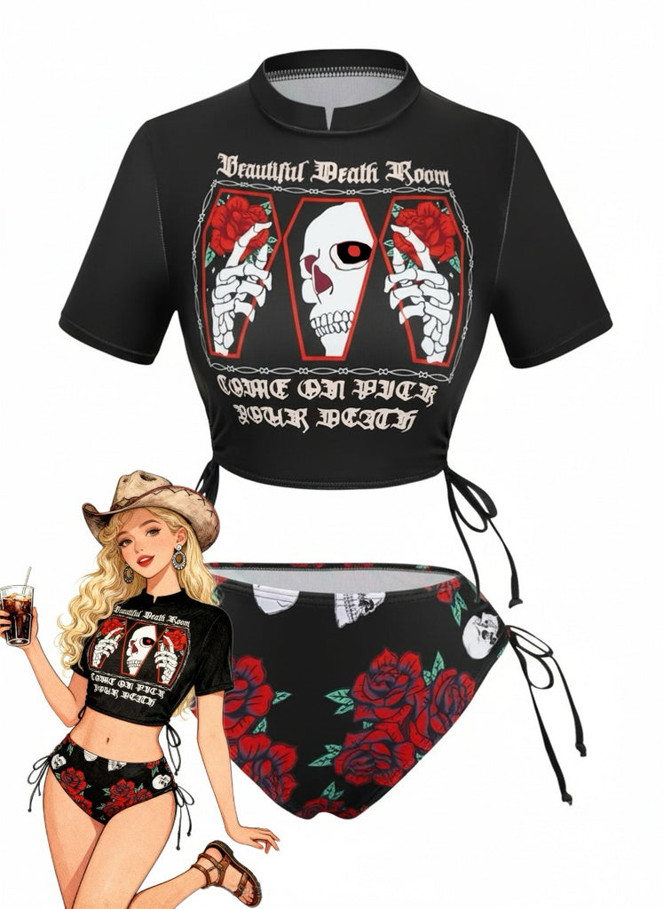 1980s Black Skull Rose Graphic Bikini Set