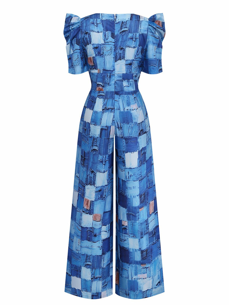 Blue 1940s Patchwork Puff-Sleeve V-Neck Jumpsuit