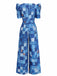 Blue 1940s Patchwork Puff-Sleeve V-Neck Jumpsuit