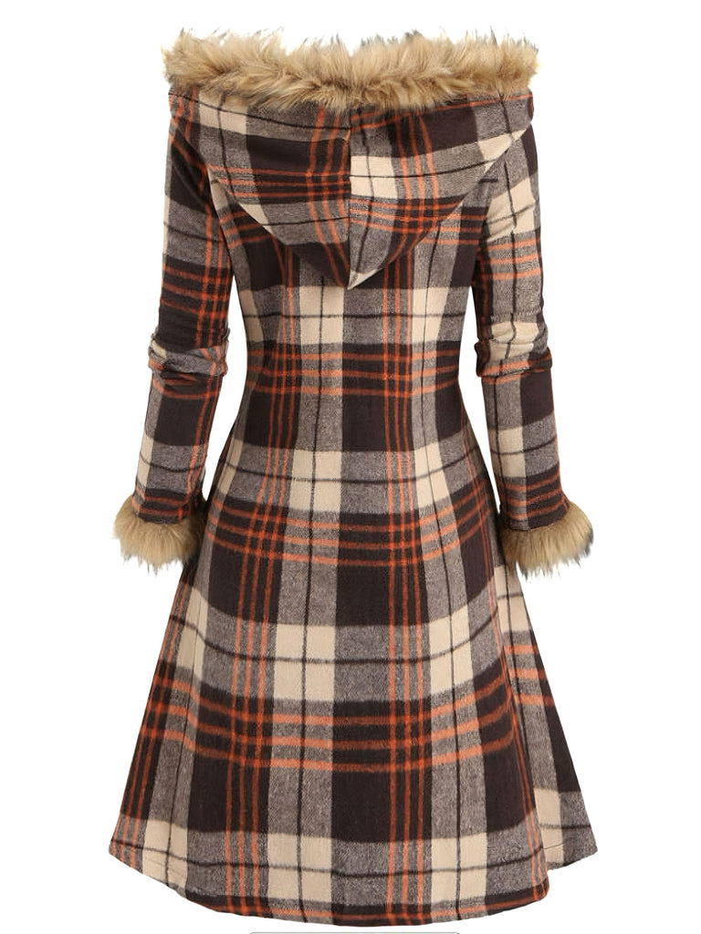 1940s Plaid Toggle Faux Fur Trim Hooded Coat