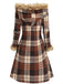 1940s Plaid Toggle Faux Fur Trim Hooded Coat