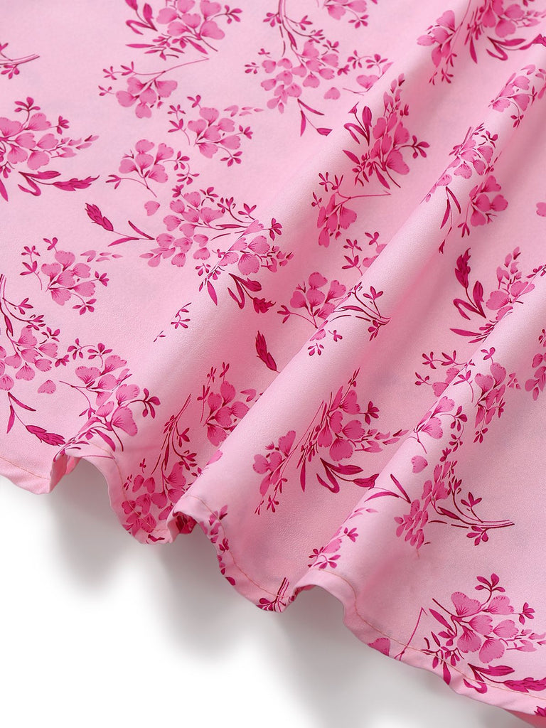 Detail shot of the lightweight floral fabric draped at the hemline.