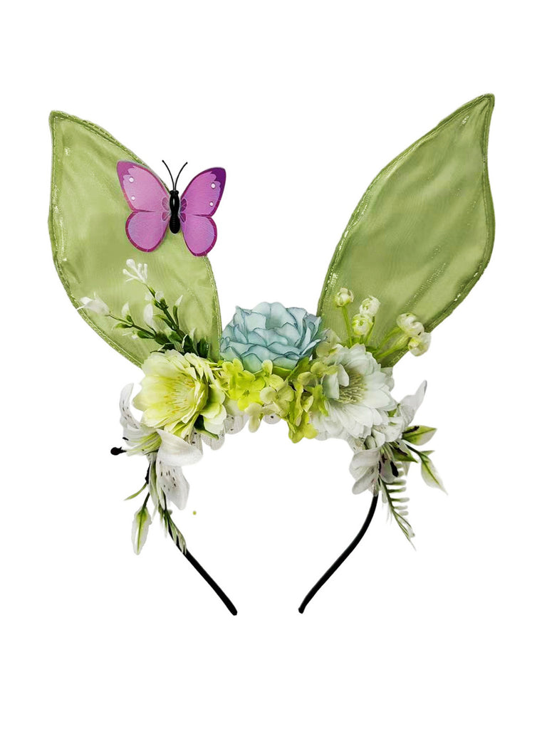 Whimsical pink fairycore headband with sheer bunny ears, silk flowers, and a purple butterfly accent.