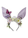 Whimsical pink fairycore headband with sheer bunny ears, silk flowers, and a purple butterfly accent.