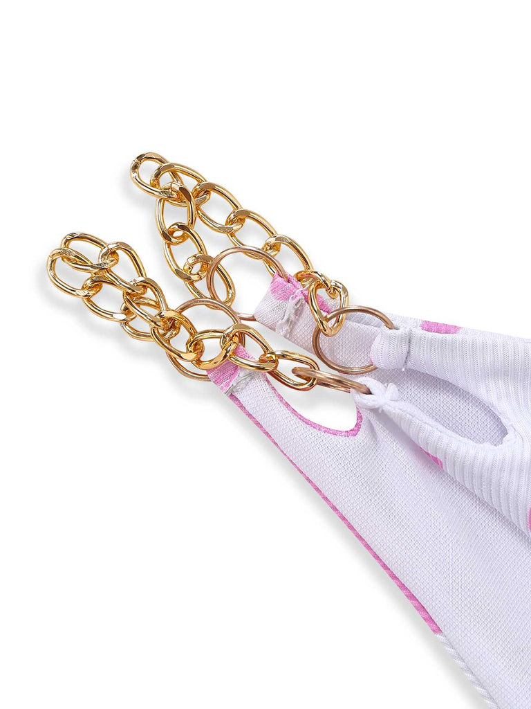 Detailed shot of the gold-tone chain-link shoulder strap attached to the bikini top.