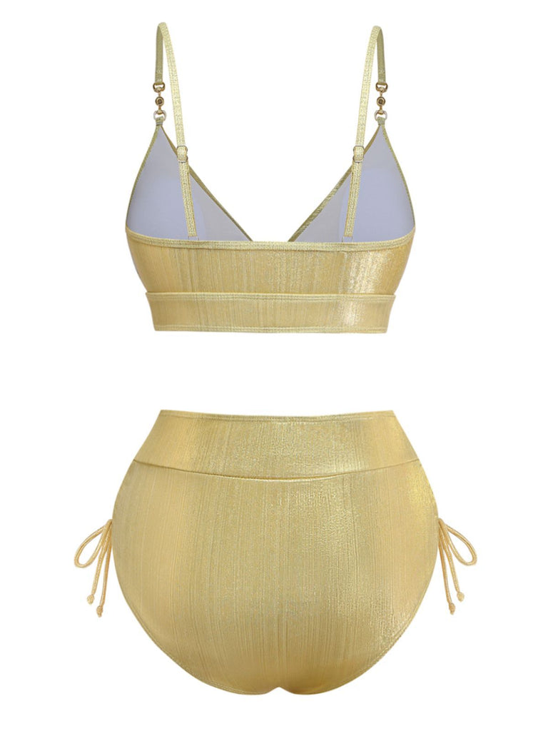 Back view of the gold metallic bikini set showing the full-coverage high-waisted bottoms and back tie top.