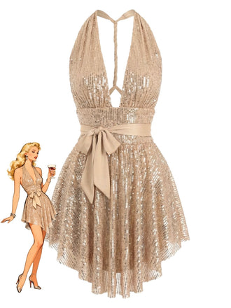 The gold sequin party dress shown alongside a retro-style fashion illustration.