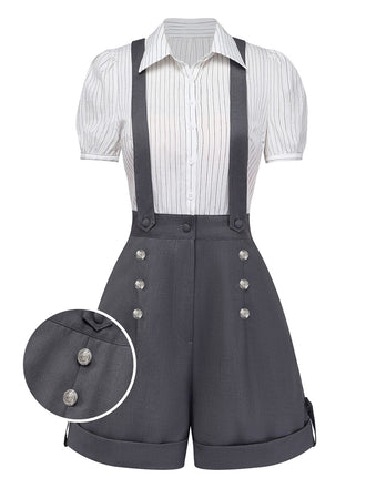 Vintage gray pinstripe romper with classic lapel collar and removable suspenders in 1940s style, perfect for retro office looks and casual outings