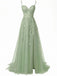 Green 1930s Spaghetti Strap Lace Tulle Maxi Dress