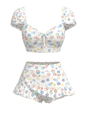 [Pre-Sale] Multicolor Stars 1970s Puff Gingham Plaid Bikini Set