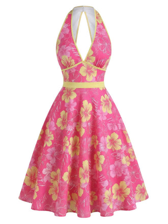 Rose Pink 1950s Floral V-Neck Dress