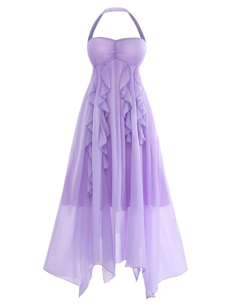 Front studio view of the lavender dress highlighting the delicate ruffle placement and flowing silhouette.