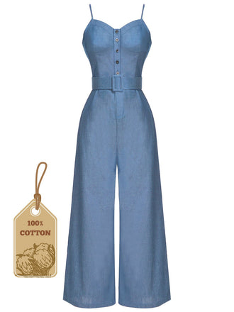 Blue 1930s Cowboy Solid Strap Jumpsuit