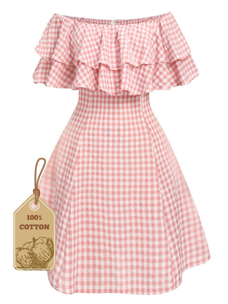 Pink 1950s Plaid Cotton Off-Shoulder Dress