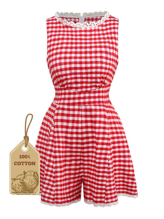 1950s Cotton Lace Patchwork Gingham Plaid Romper