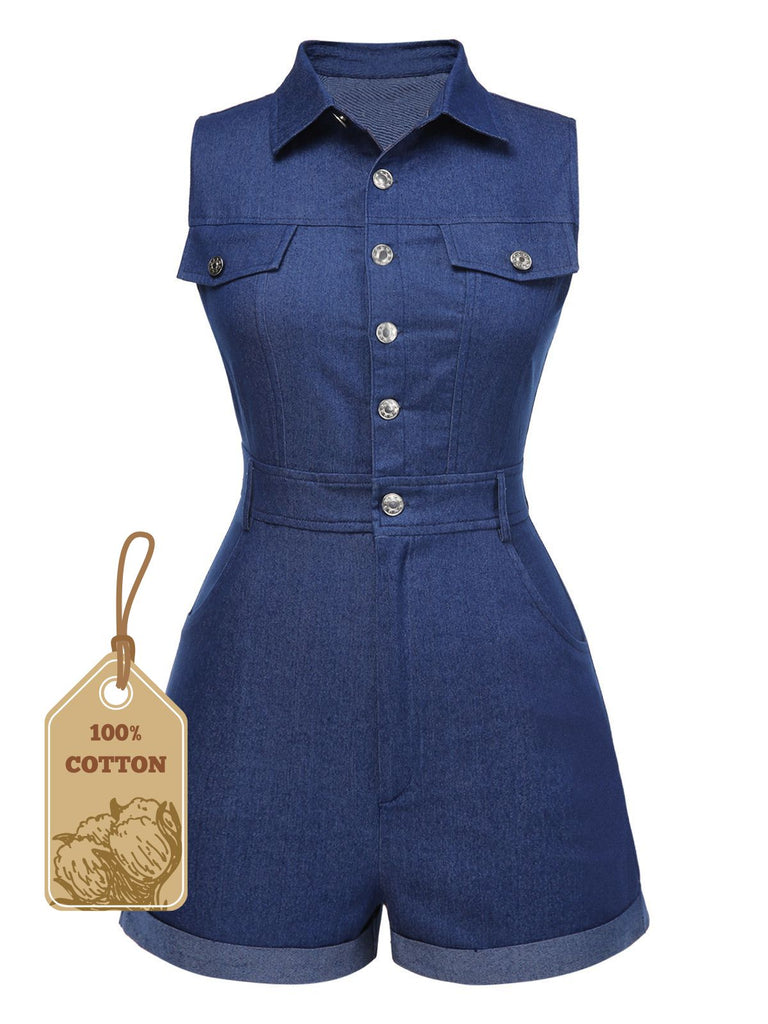 Blue 1970s Solid Cotton Sleeveless Denim Romper