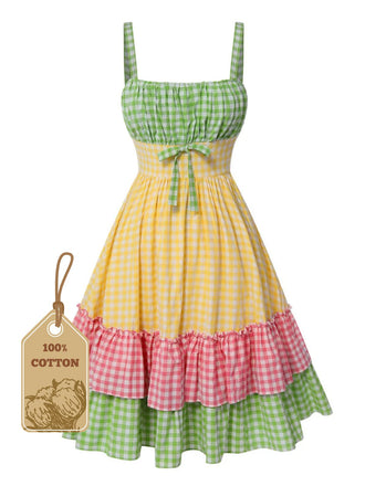 Multicolor 1950s Pure Cotton Straps Plaid Dress