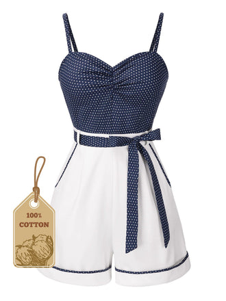 Blue 1940s Polka Dot Patchwork Suspender Romper