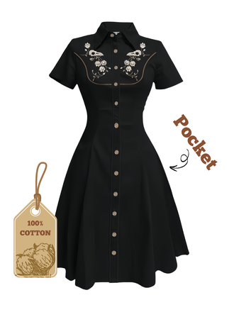 Black 1950s Cotton Floral Embroidered Western Style Dress