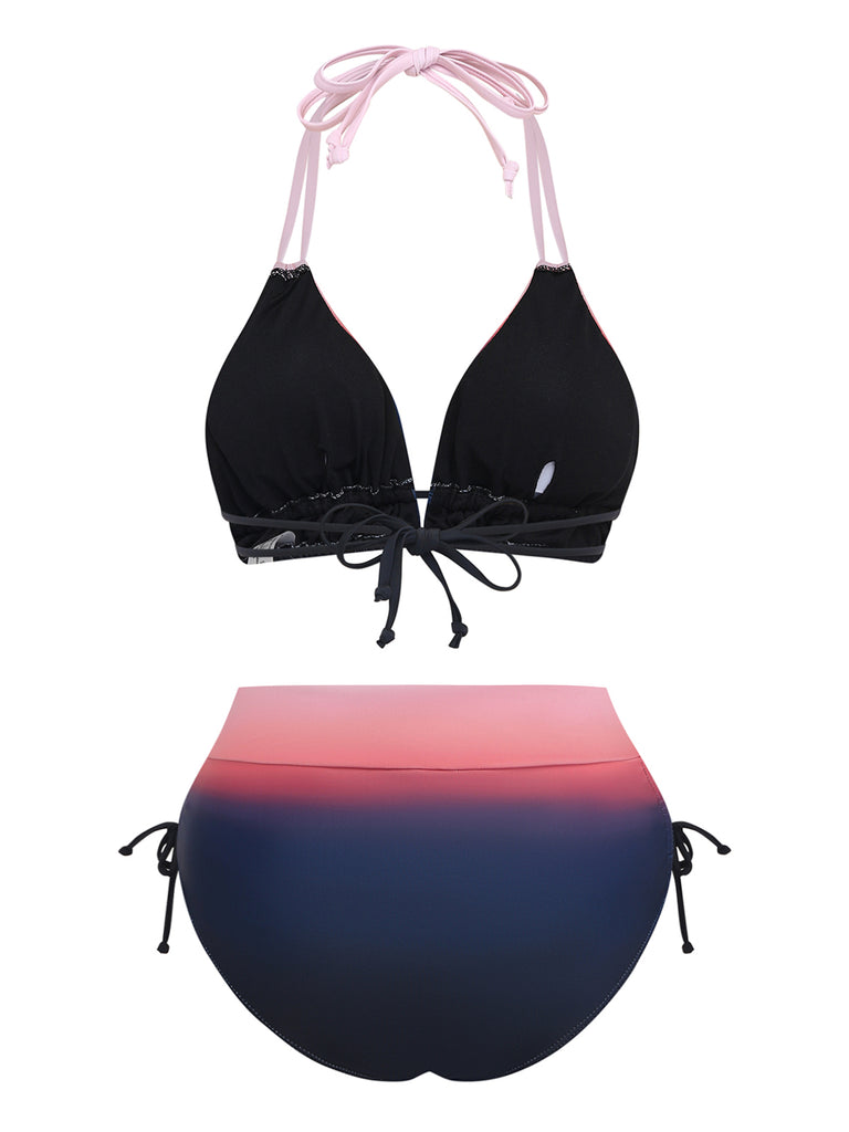 Rear view of the ombre bikini set highlighting the halter-neck ties and the full-coverage back of the high-waisted bottoms.
