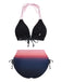 Rear view of the ombre bikini set highlighting the halter-neck ties and the full-coverage back of the high-waisted bottoms.
