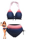 Front studio view of the pink and navy ombre bikini set, accompanied by a retro fashion illustration.