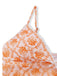 White bikini top with orange floral pattern on a white background