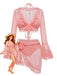 A pink 3-piece swimwear set including a triangle bikini top, high-waisted bottoms, and a matching lace bell-sleeve cover-up.