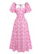 Front studio view of the pink floral midi dress highlighting the fitted waist and flared skirt.