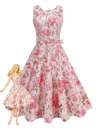 A sleeveless vintage-style A-line dress featuring a romantic pink rose floral print on a white background, complete with a matching waist tie.