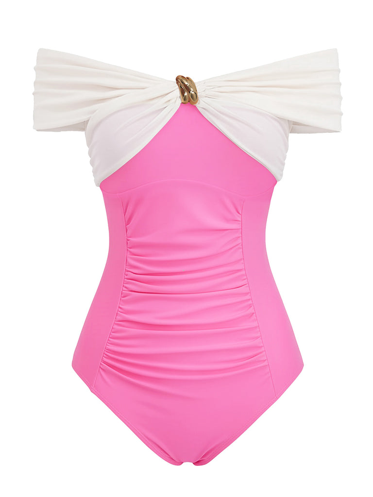 pink and white off-the-shoulder one-piece swimsuit with a sweetheart neckline and waist bow