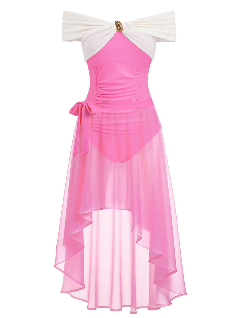 A hot pink and white vintage-style swim dress with off-the-shoulder sleeves, a sweetheart neckline, and a high-low pink mesh skirt featuring a bow detail at the waist.