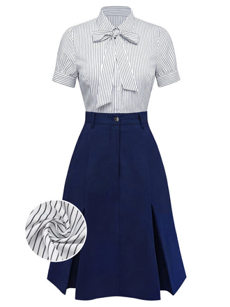 A professional two-piece outfit featuring a white pinstripe short-sleeve tie-neck blouse tucked into a high-waisted navy blue flared skirt.