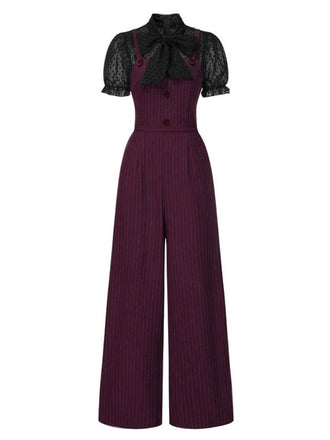 A vintage-style pinstripe wide-leg jumpsuit paired with a black lace polka dot blouse.