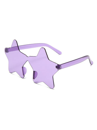 A pair of trendy star-shaped rimless sunglasses with purple tinted lenses and transparent frames.
