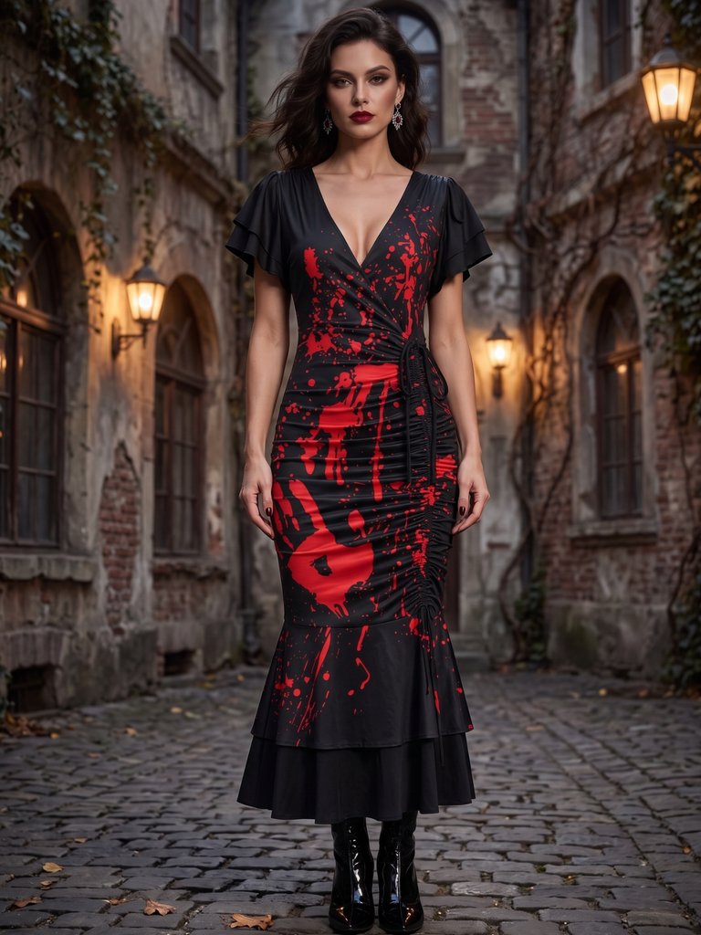 Black 1930s V-Neck Blood Handprint Fishtail Dress
