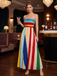 1970s Rainbow Pleated Strapless Maxi Dress