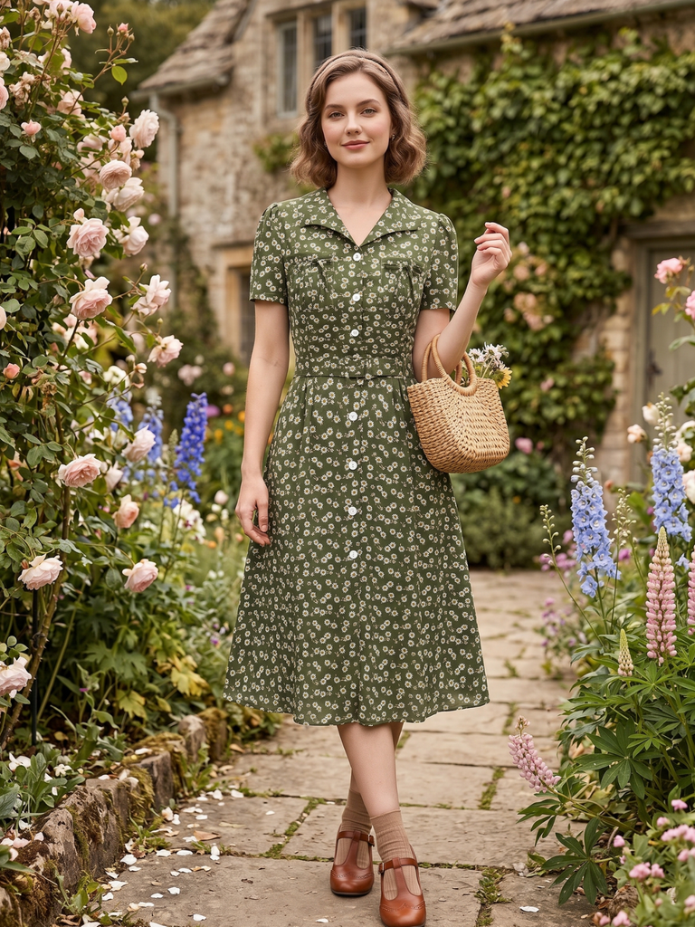 Green 1940s Lapel Buttons Ditsy Floral Dress