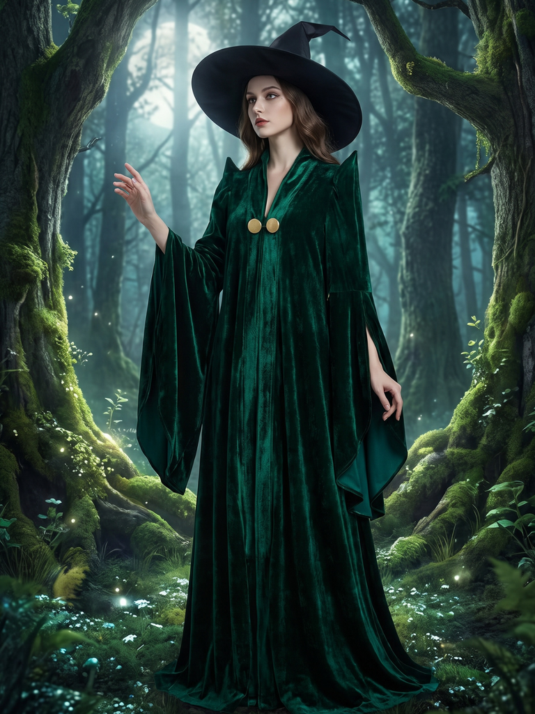 Green 1970s Halloween Velvet Witch Costume Cloak