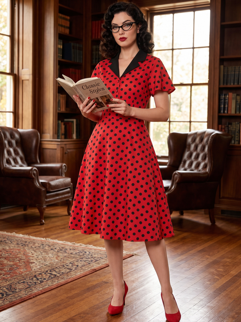 Deep Red 1950s V-Neck Polka Dots Lapel Dress