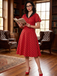 Deep Red 1950s V-Neck Polka Dots Lapel Dress