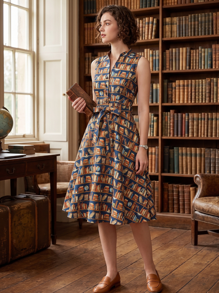 1950s Owl Bookshelf Print Stand Collar Dress