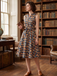 1950s Owl Bookshelf Print Stand Collar Dress