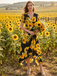 Black 1940s Sunflower Floral Wrap V Neck Midi Dress